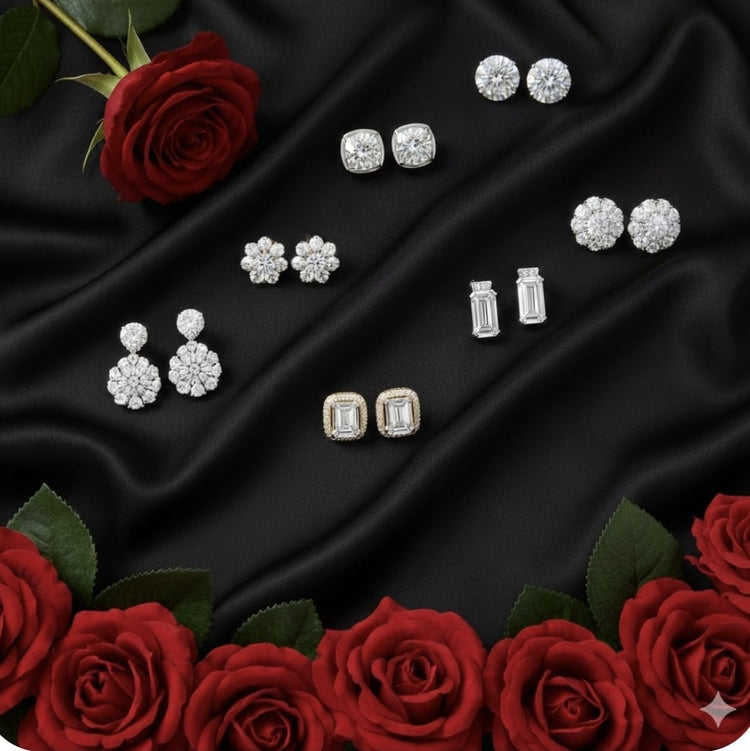 עגילי יהלומי מעבדה על רקע שחור עם ורדים אדומים