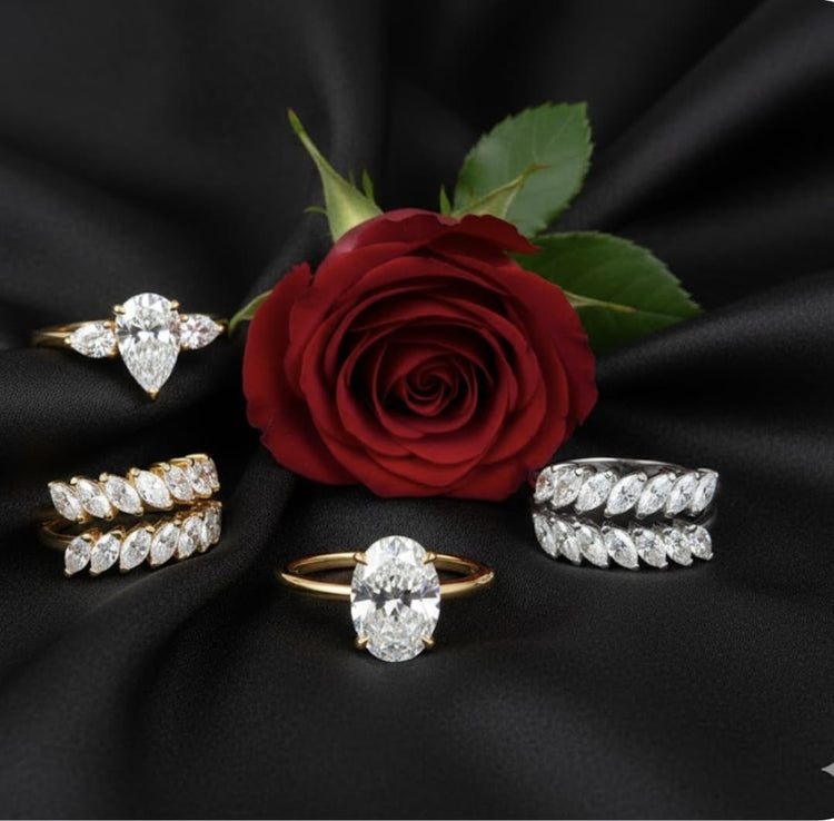 טבעות יהלומי מעבדה על רקע שחור עם ורד אדום ברקע