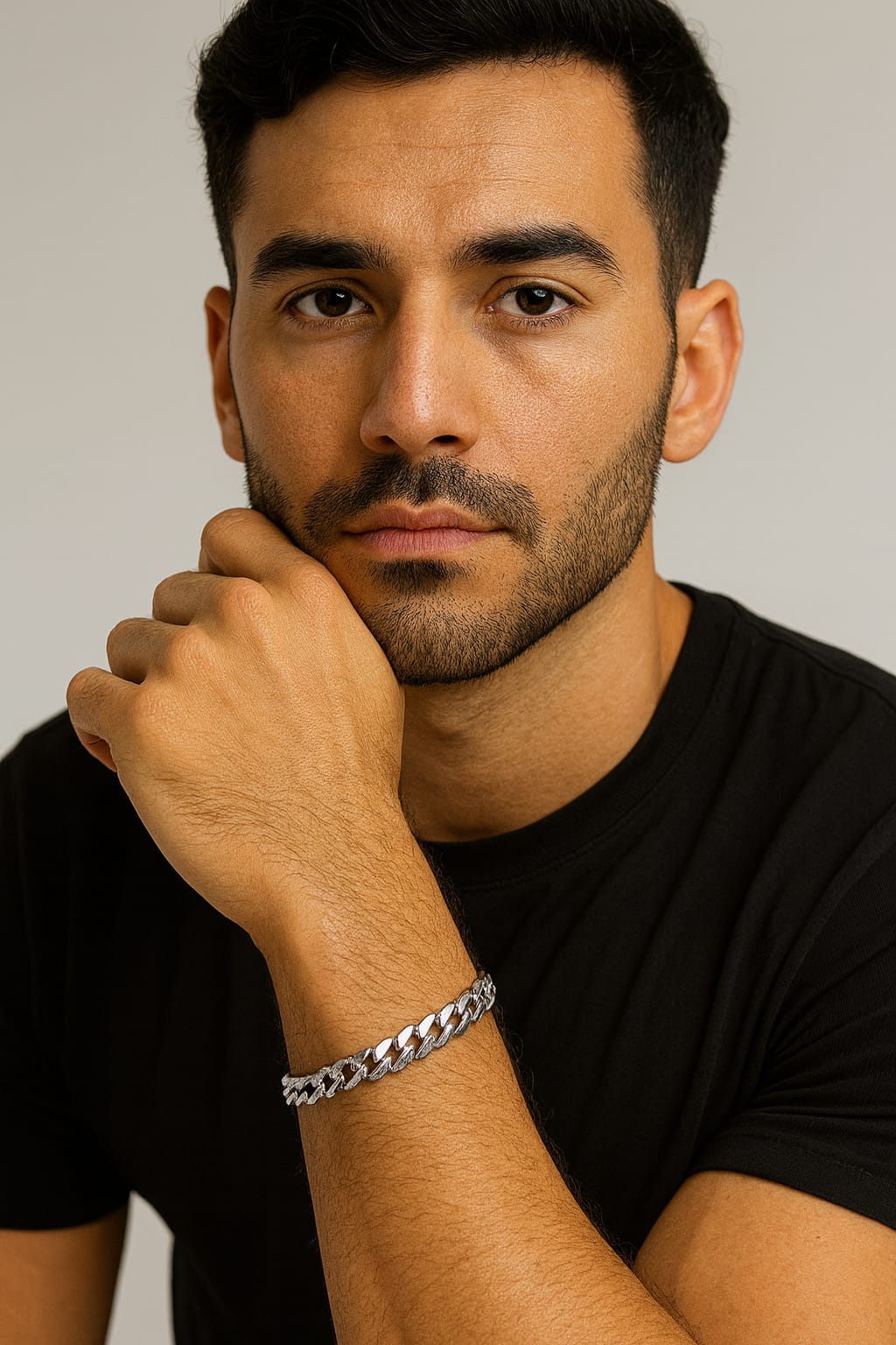 Man wearing a black shirt and silver bracelet against a neutral background